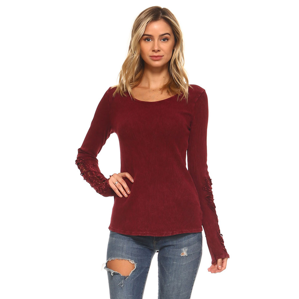 Urban X Burgundy Women's Thermal Mineral Washed Long Sleeve Shirt with ...