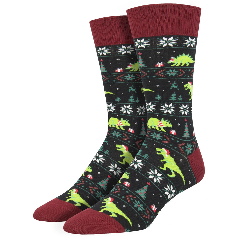 Men's Crew Socks Christmas Holiday Raptor Claus Dinosaur Grey - Purple ...