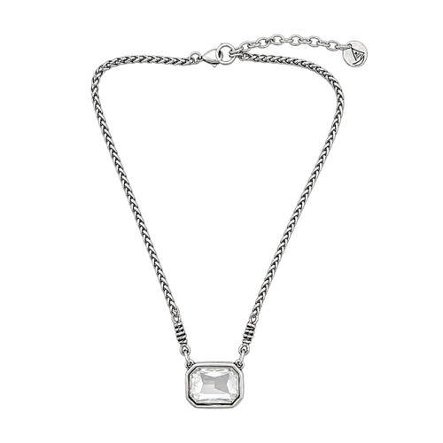CLEAR LARGE RECTANGLE CRYSTAL SILVER PLATED NECKLACE | PURPLE