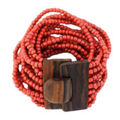 Red Bali Bracelet Glass Beads w/ Wood Buckle Elastic Costume Jewelry