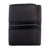 Chocolate brown leather trifold wallet with black stripe.