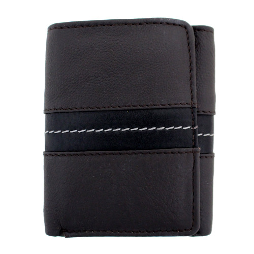 Men's Tri-Fold Genuine Brown Leather Wallet Black Stripe Billfold ...