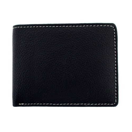 ◎FELLO◎ Wave Card Wallet Black Men's Black Leather Bifold Wallet with White Stitching