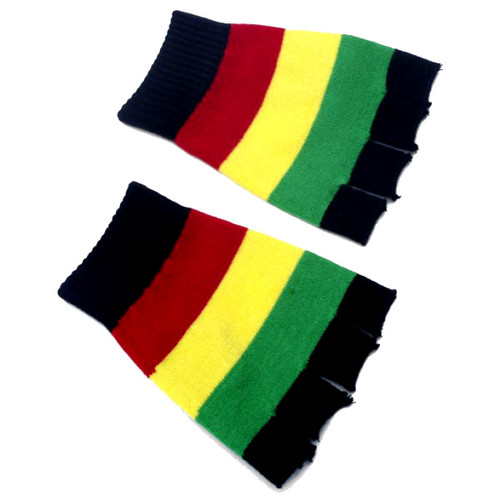 Knitted Black Fingerless Gloves with Red, Yellow & Green Stripes display picture 3