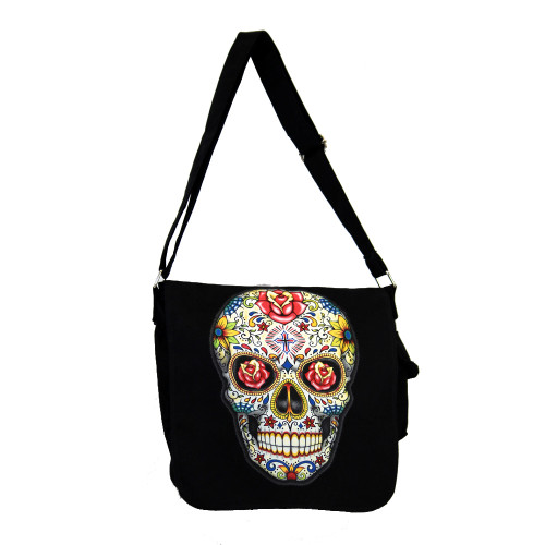 Black Messenger Bag with Colorful Day of the Dead Skull