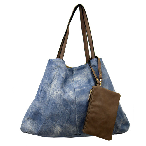Reversible 2 in 1 Stonewashed Blue Pursewith Taupe wristlet.