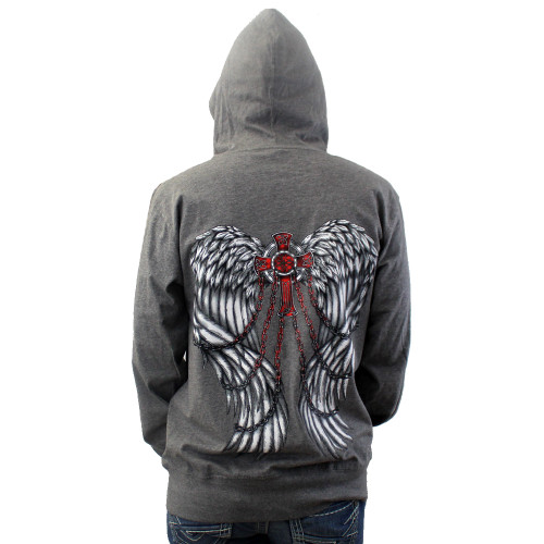 GRAY LIGHTWEIGHT HOODIE WITH GOTHIC CROSS | PURPLE LEOPARD