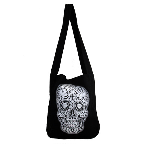 Black Canvas Sling Bag with White & Black Day of the Dead Skull