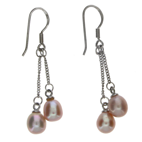 Pink Pearl Dangle Chain Earrings Sterling Silver - Purple Leopard Boutique