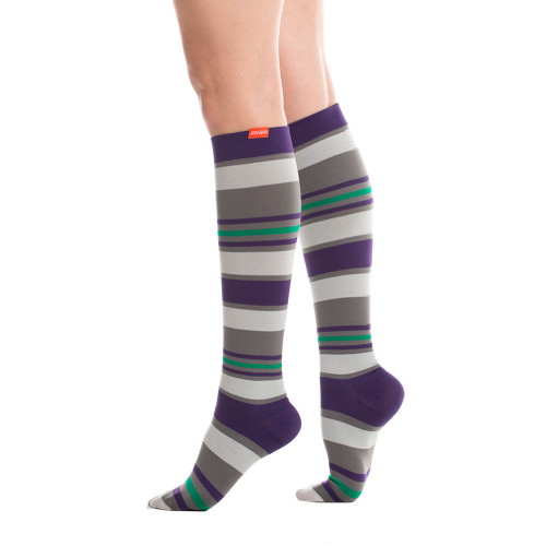 Women's Nylon Knee High Compression Socks Purple Grey Stripes - Purple ...