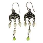 Chandelier style Pearl and Peridot earrings.