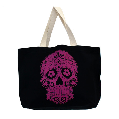 LARGE BLACK CANVAS TOTE WITH PINK SUGAR SKULL | PURPLE LEOPARD BOUTIQUE