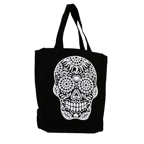 Black Tote Bag Beach Purse with White Day of the Dead Skull - Purple ...