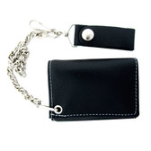 Men's Biker Black Soft Leather with White Stitch Chain Wallet Trifold Billfold