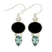 Black Onyx and Blue Topaz Sterling Silver Dangle Earrings