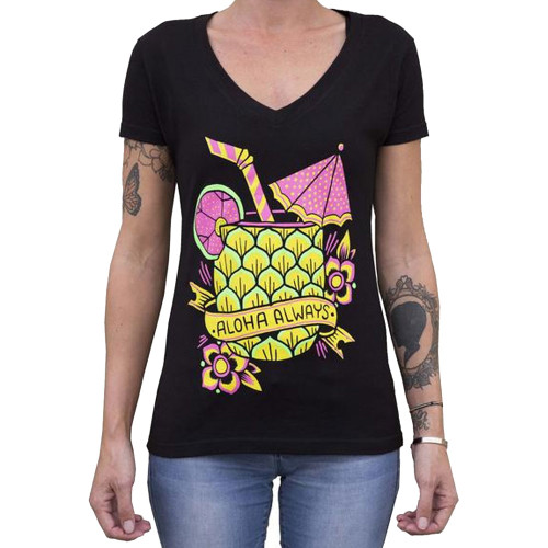 Aloha Always by Adi Women's Black Tee Shirt Tropical Hawaiian Pineapple ...