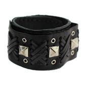 Black Cuff Genuine Leather Bracelet with Metal Stud Detail