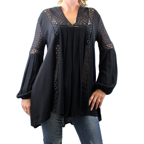 Women's Black Long Sleeved Bohemian Blouse with Embroidered Lace Detail ...