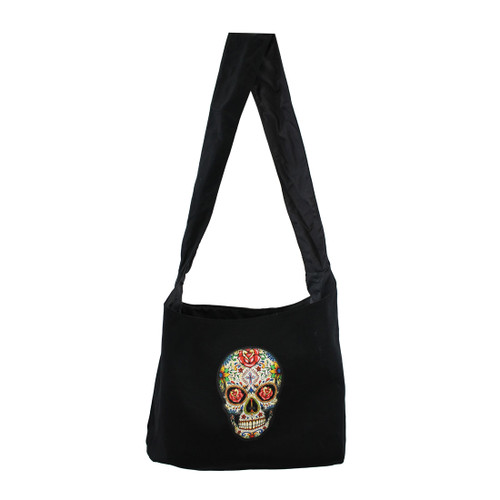 Black Canvas Sling Bag with a Colorful Day of the Dead Skull Design