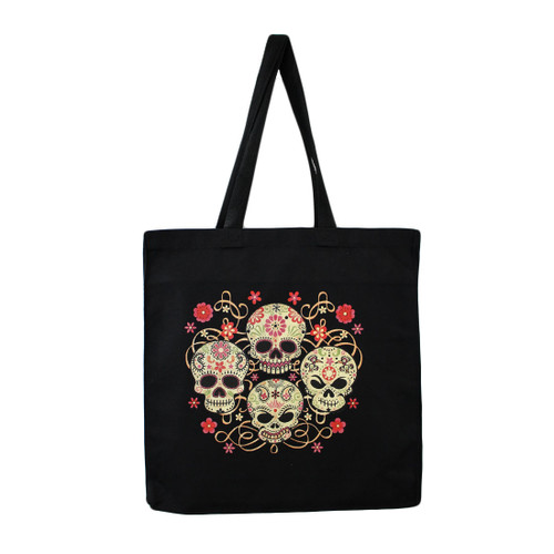 Black Tote Bag Purse with Four Colorful Skulls and Flowers