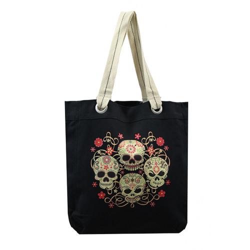 FOUR SKULLS ON BLACK SHOULDER TOTE BAG | PURPLE LEOPARD BOUTIQUE