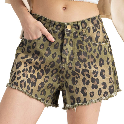 Faded Olive Green Leopard Print Washed Denim Shorts