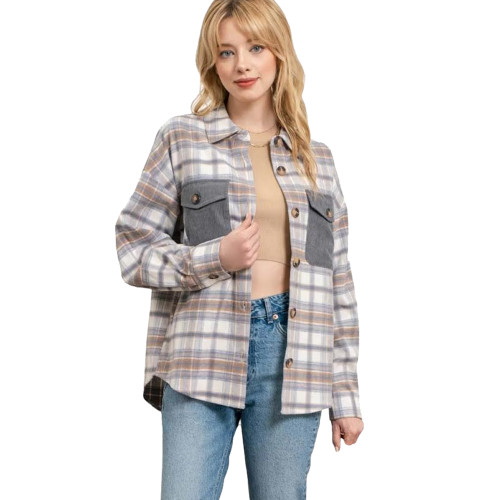 Blu Pepper Mine Plaid Flannel Shirt Jacket with Corduroy Pockets