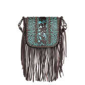 Genuine leather Montana West turquoise tooled fringe purse. 