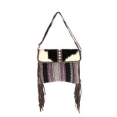 Front of colorful striped crossbody bag. 