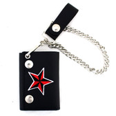 Nautical star embroidered on black leather wallet.