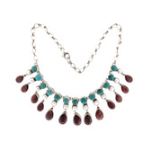 Turquoise, Pearl and raw Ruby sterling silver necklace. 