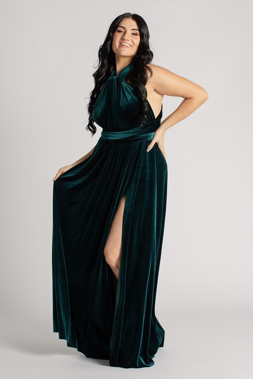 Emerald Green Velvet Bridesmaid Dress 2021 V-neck Maxi Dress with