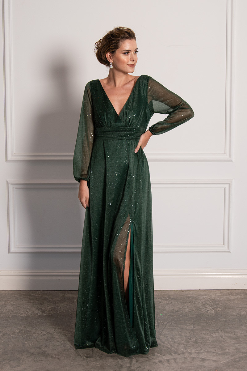 Long Sleeved Sparkly Split Formal Dress 
