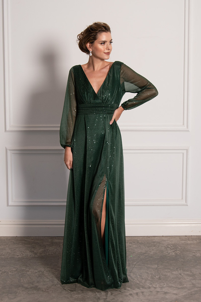 Shop Stella Long Sleeved Sparkly Split Formal Dress in Emerald