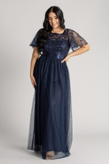 Kailyn Short Sleeved Tulle Sequins Formal Dress in Navy