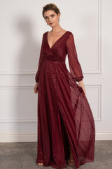 Stella Long Sleeved Sparkly Split Formal Dress in Burgundy