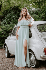 Isabelle Off Shoulder Flowy Bridesmaids Dress in Sage Green