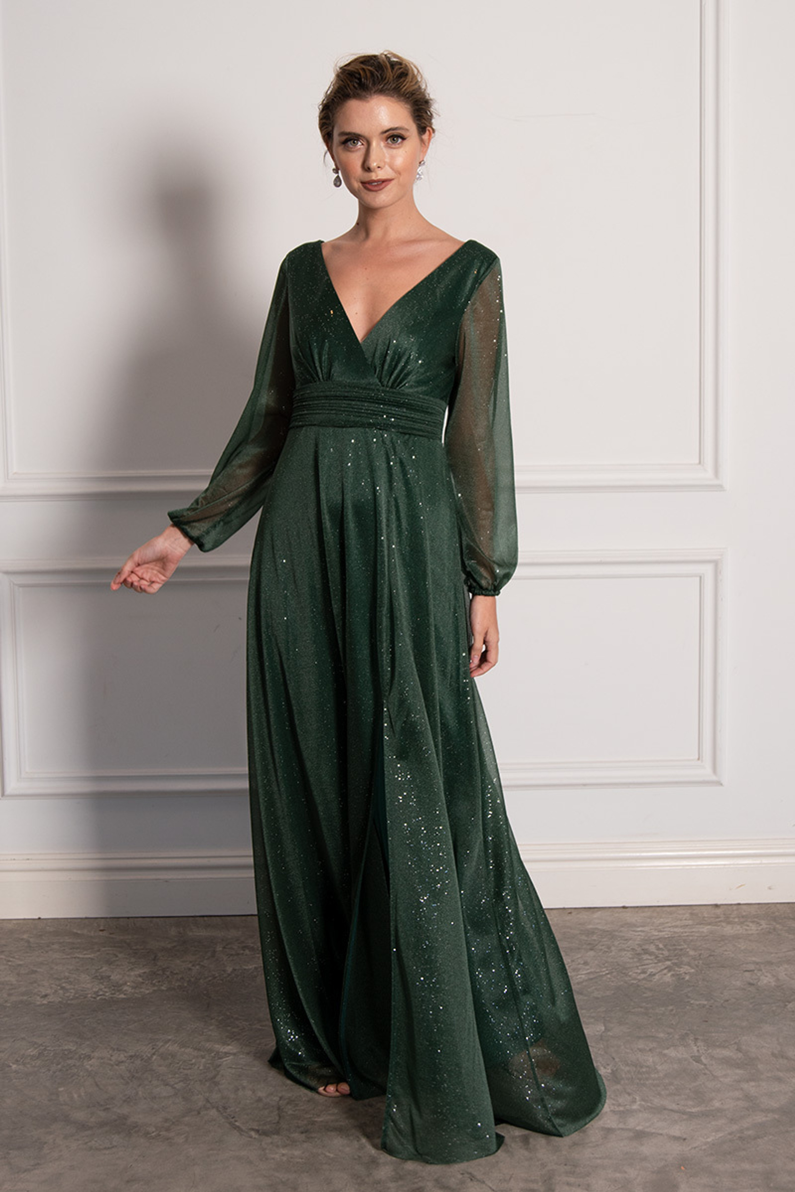 Shop Stella Long Sleeved Sparkly Split Formal Dress in Emerald Green ...