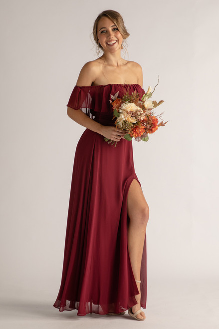 Isabelle Off Shoulder Flowy Bridesmaids Dress in Burgundy