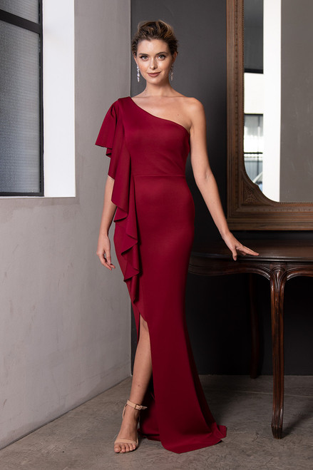 Leslie One Shoulder Ruffles Split Formal Dress in Burgundy