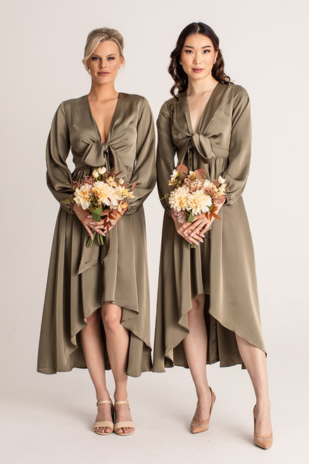 Serenity Long Sleeve Silk Wrap Midi Cocktail Dress in Khaki