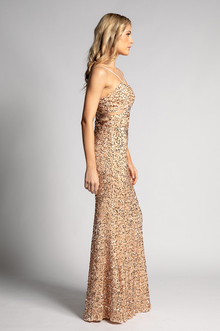Ivy Halter Sequins Formal Dress In Champagne Gold