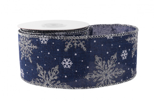 Dark Blue with Silver Snowflakes Ribbon (63mm x 10yds)