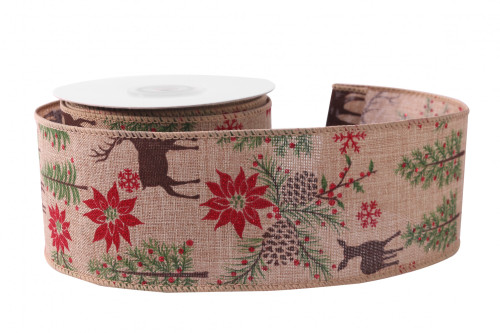 Natural with Deer & Foilage Ribbon (63mm x 10yds)