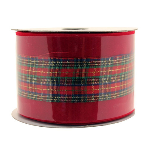 Red Velvet Ribbon With Tartan Centre 2.5 Red Velvet Ribbon With Tartan Centre 2.5