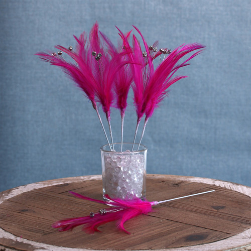 Fuchsia Pink Diamante Feathers (6 Pack)