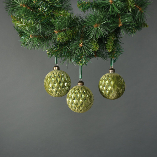 Aine 8cm Glass Velvet Diamond Green Bauble (Set of 4) Aine 8cm Glass Velvet Diamond Green Bauble (Set of 4)