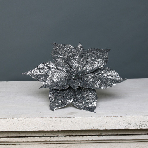 Pewter Glitter Poinsettia Pick