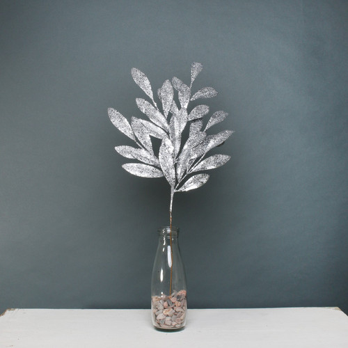Silver Glitter Bay Leaf Spray 