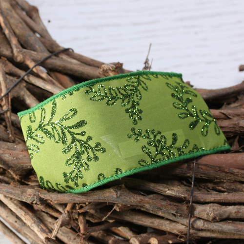 Green Ribbon with Glitter Leaf (63mm x 10yd) Green Ribbon with Glitter Leaf (63mm x 10yd)